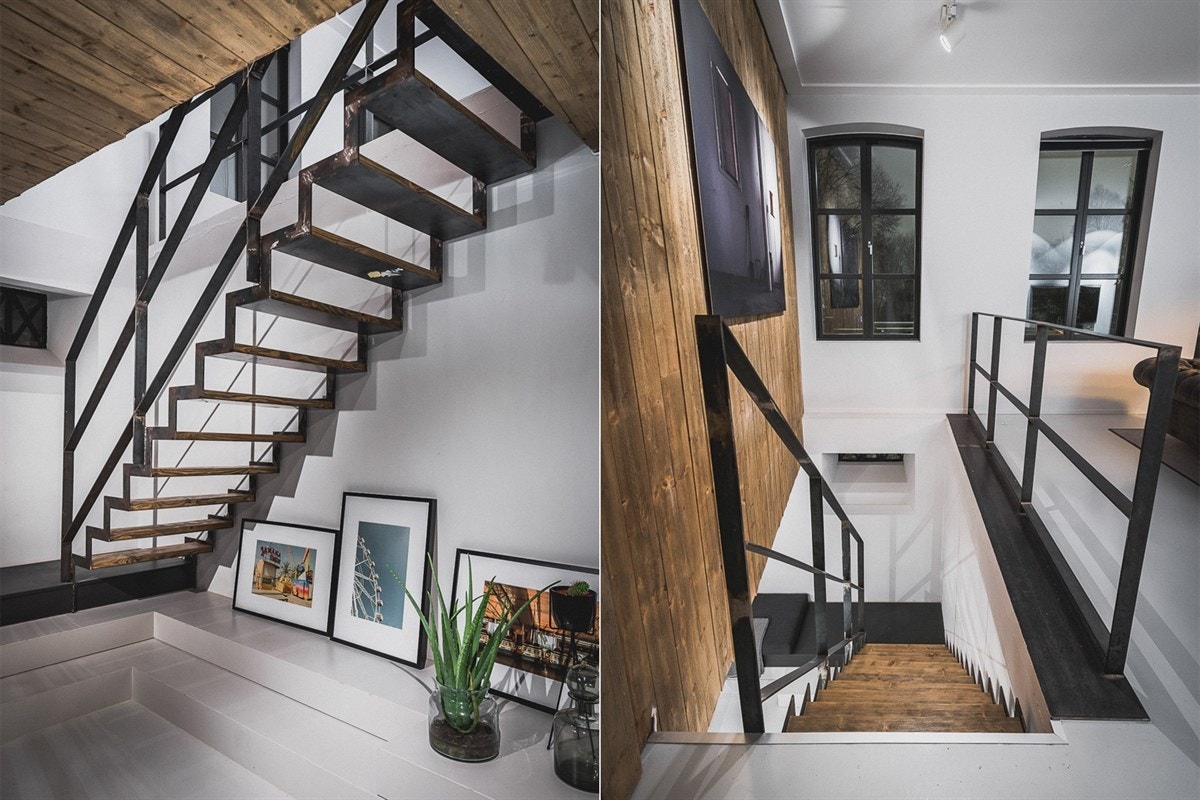 Trappen som leder ned hit er designet av samme arkitekt som utformet kjøkkenet og i sveiset stål med trinn av heltre. Galleribilde