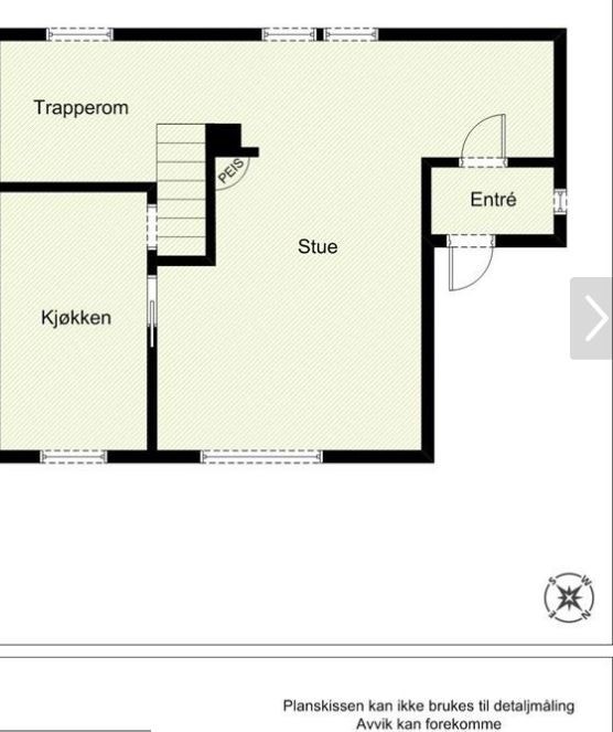 Opprinnelig plantegning 18B. Rommet ved trappa opp til 2. etg. er blitt om til eget soverom (soverom nr 3) eller kontor. Galleribilde