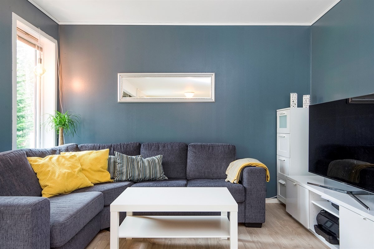 Stuen er smakfull med laminat på gulv, og vegger med harmonerende farger. Galleribilde