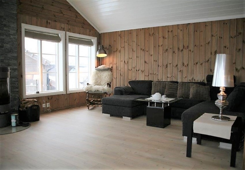 Pen stue med store lysflater og peisovn. Galleribilde