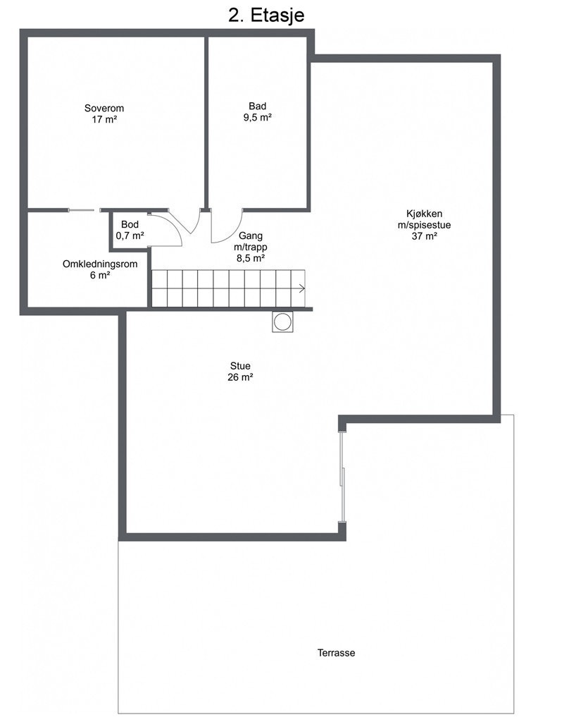 Planskisse 2.etg - Hovedplanet består bl.a. av en romslig stue, kjøkken med spisestuedel, et stort soverom med walk-in og hovedbadet Galleribilde