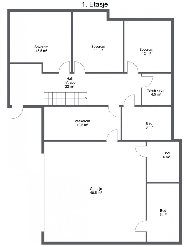 Planskisse 1. etg - her finner du bl.a. 3 romslige soverom, eget vaskerom, et av husets to bad og en stor garasje Galleribilde