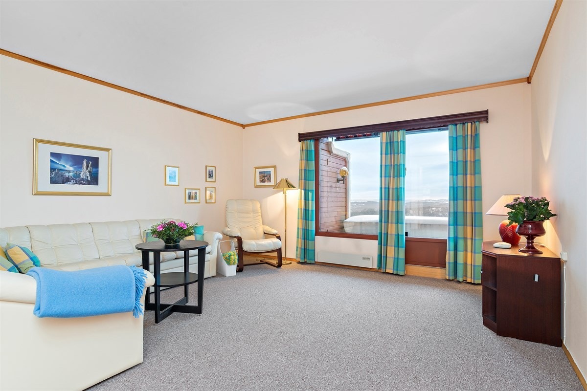 Stuen er lys og romslig, hvor du har store vindusflater som slipper inn rikelig med lys Galleribilde