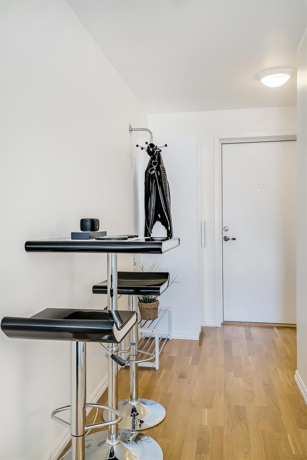 Lys entré med muligheter for kles- og skooppbevaring, samt porttelefon ved inngangsdør. Galleribilde