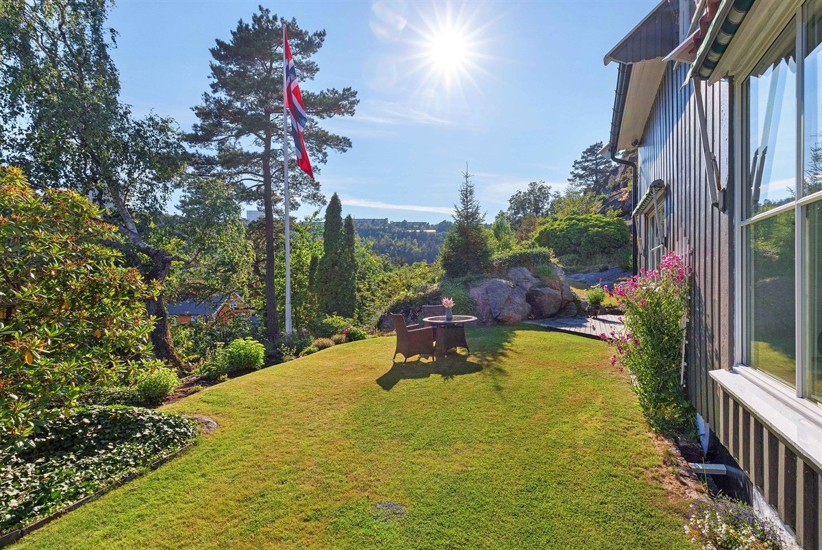 Flott opparbeidet med gressplen, sittegrupper og diverse beplantning Galleribilde