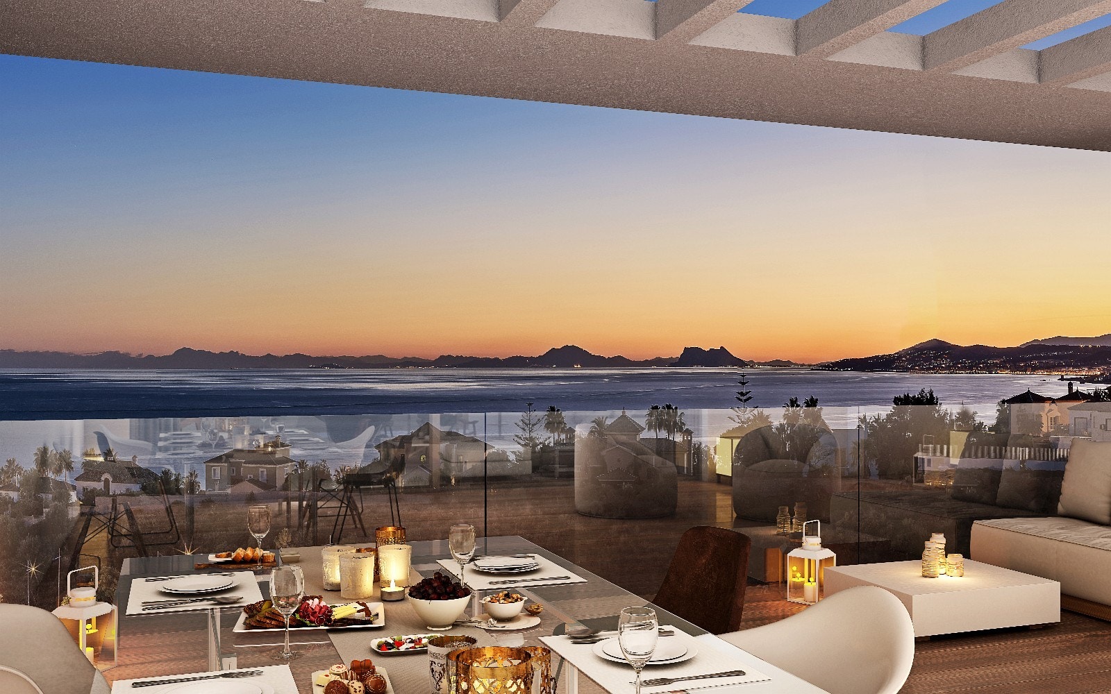 Halvparten av de 74 leilighetene ligger sørvendt med utsikt mot Estepona Puerto marina og mot "The rock" Gibraltar. Galleribilde