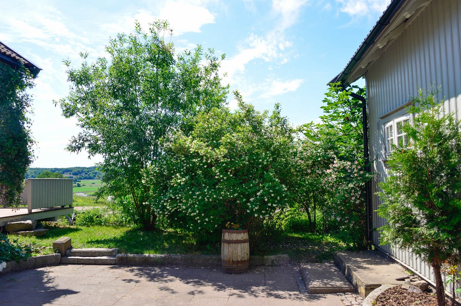 Frodig vegetasjon. Anneks til høyre, tilbygg til venstre. Galleribilde