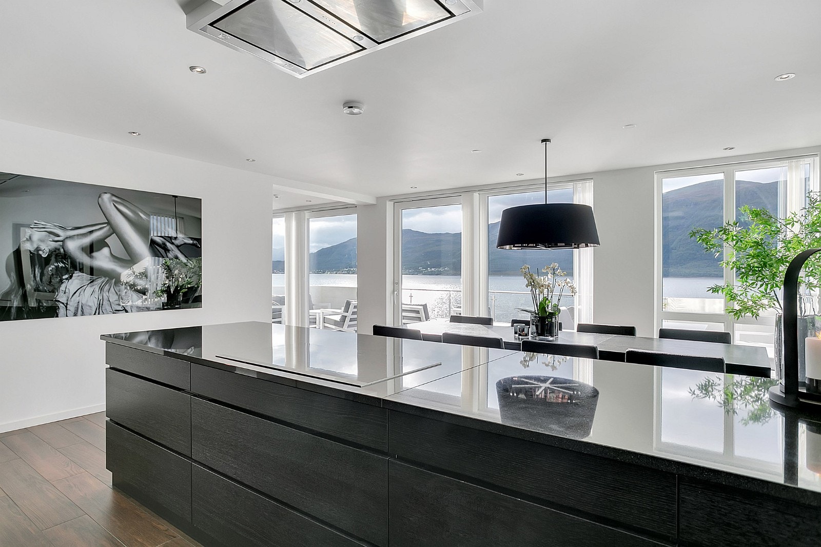 Flott utsikt fra kjøkken - platetopp på kjøkkenøy med ventilator i tak Galleribilde