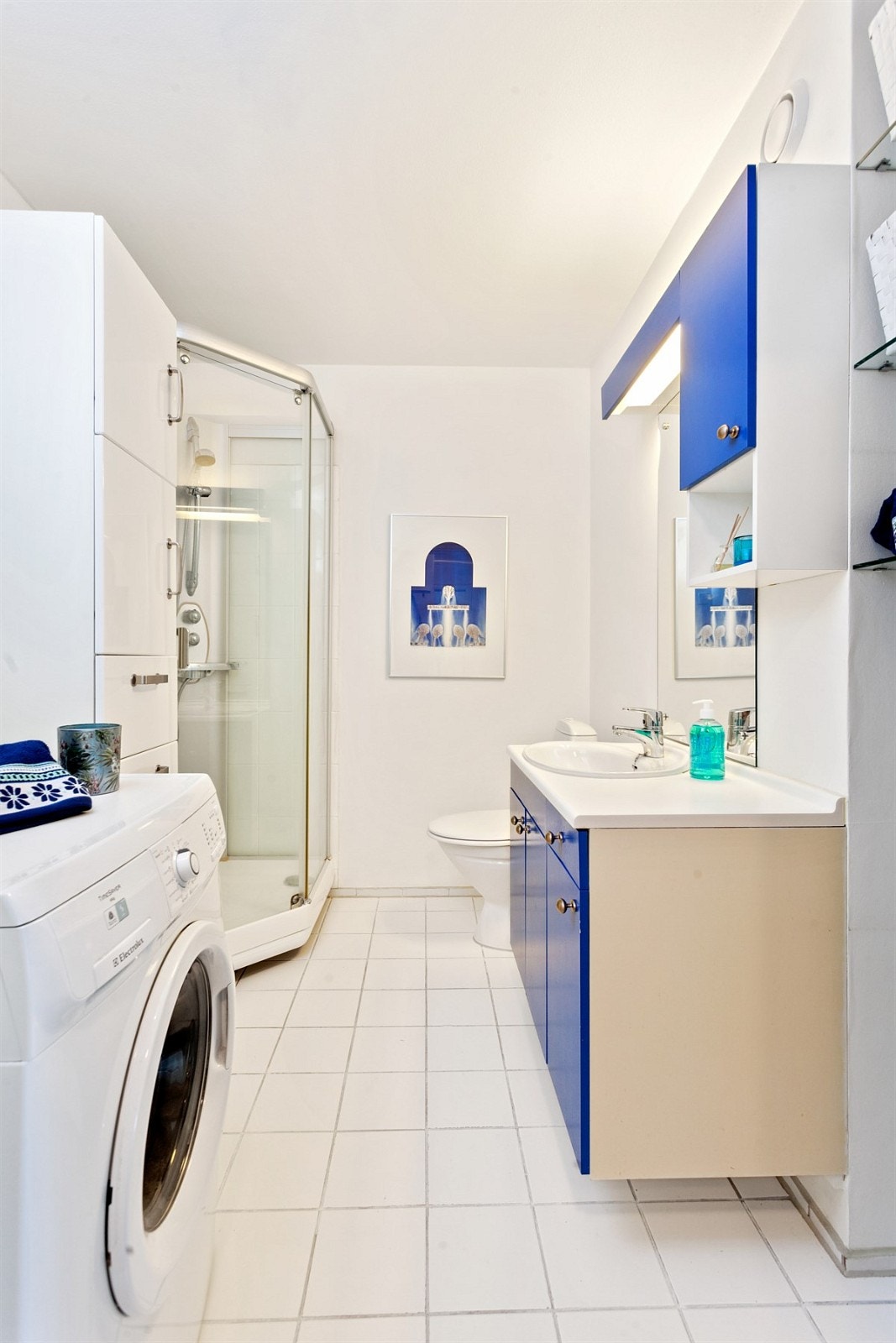 Klosett, dusjkabinett, servant med speil, over- og underskap Galleribilde