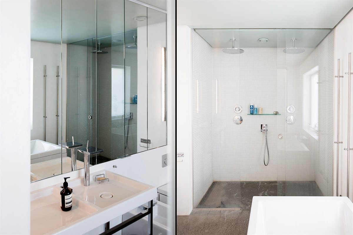 Moderne baderom fra adkomst fra hovedsoverom. Galleribilde