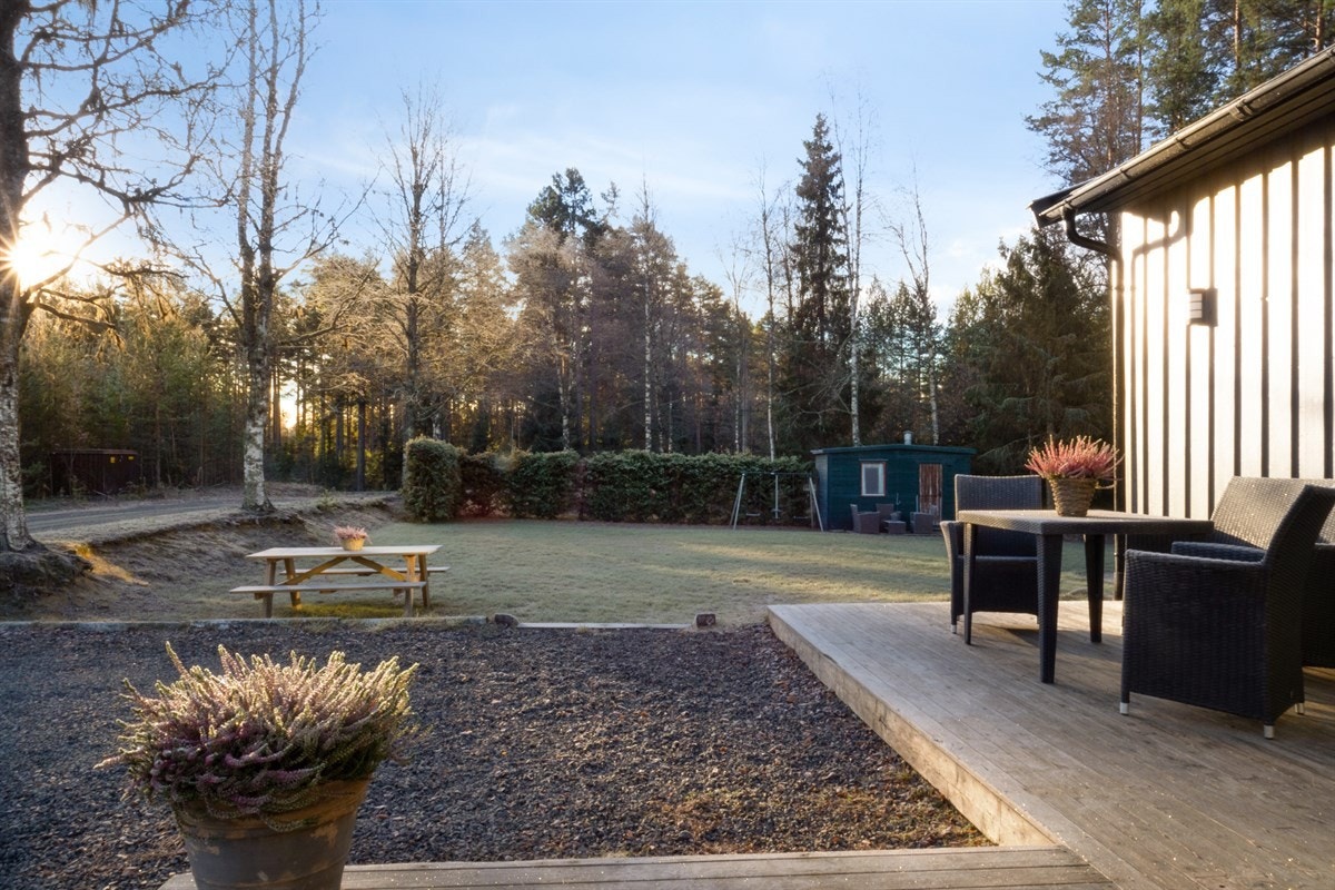 Koselig terrasse ved husveggen. Galleribilde