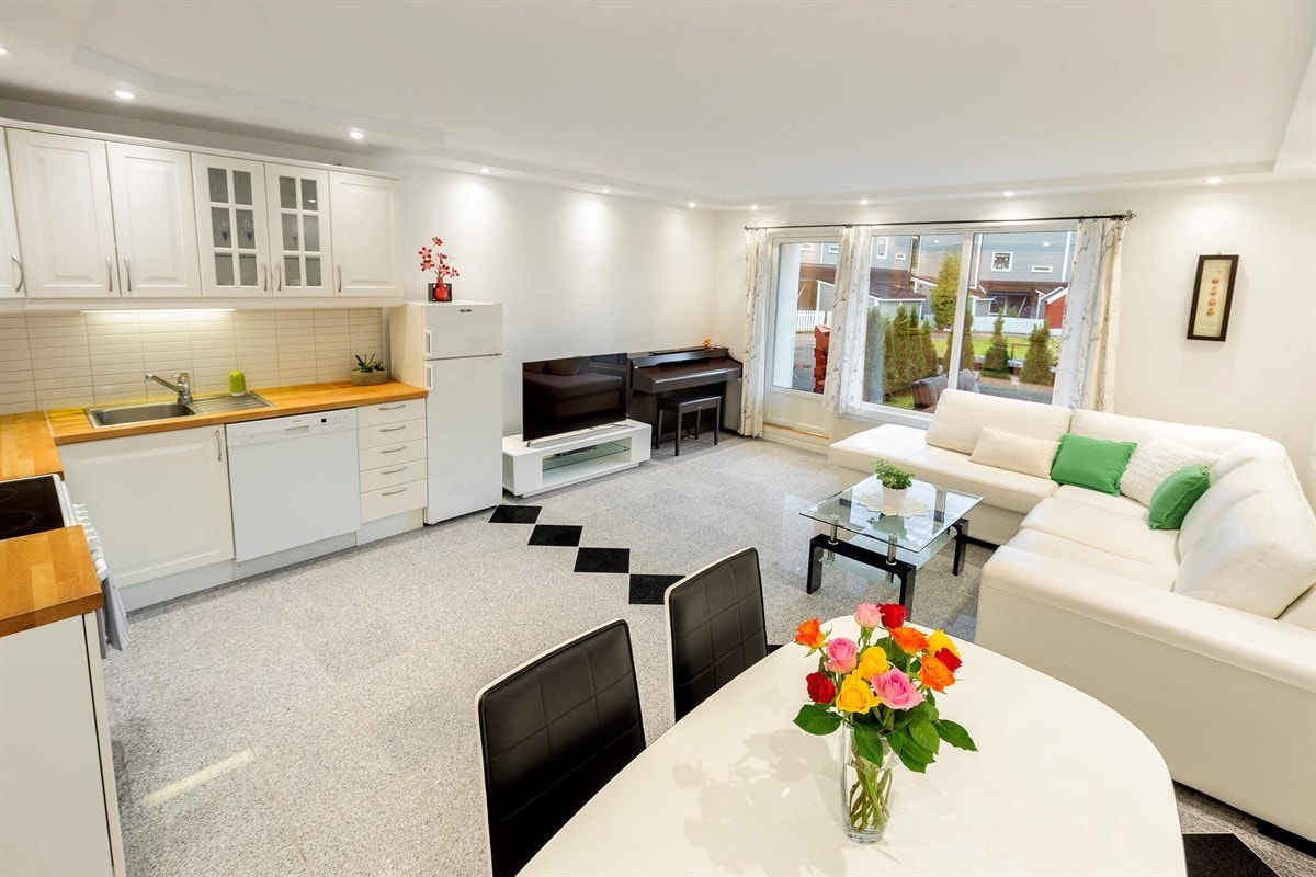 Stue med åpen kjøkkenløsning med utgang til terrasse og hage. Galleribilde