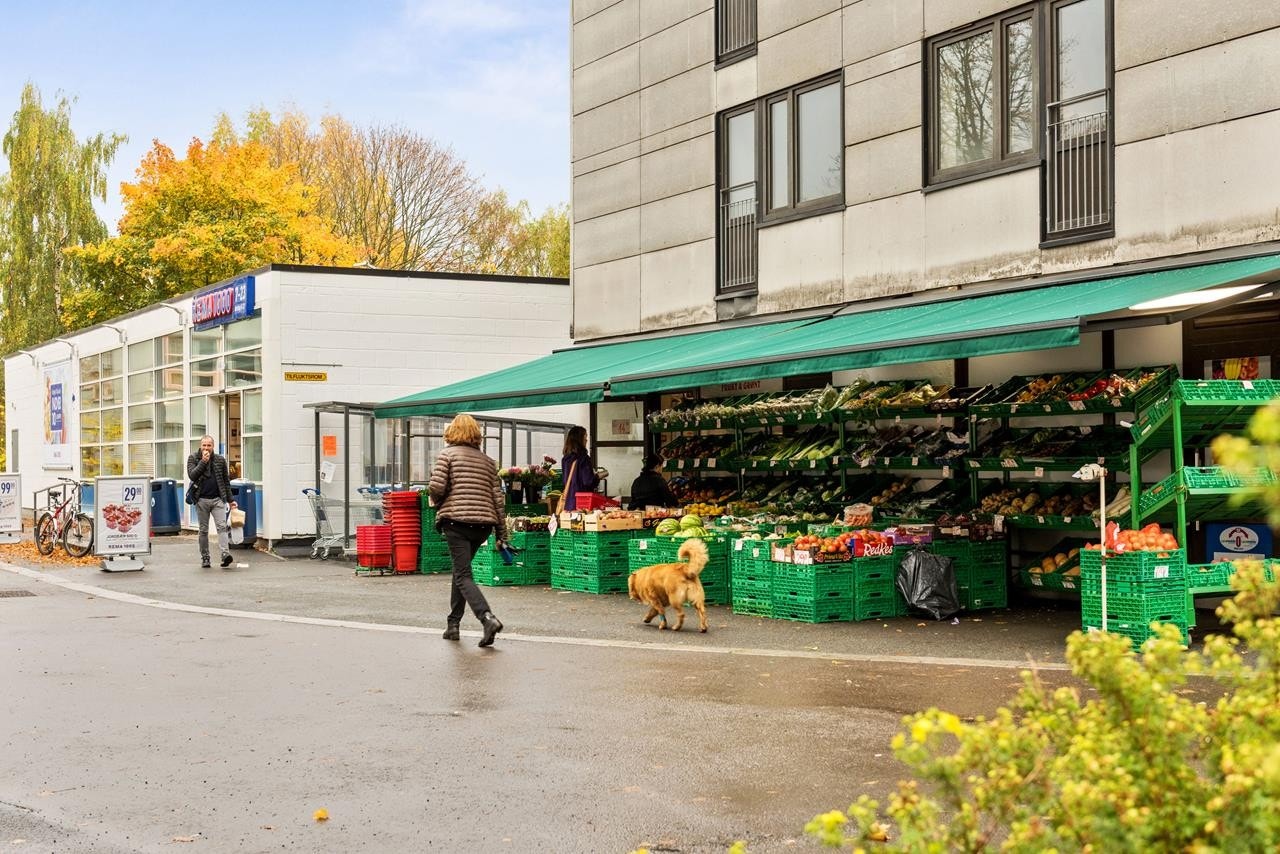 Noen få meter fra boligen ligger Rema1000 og søndagsåpen frukt og grønt handel Galleribilde