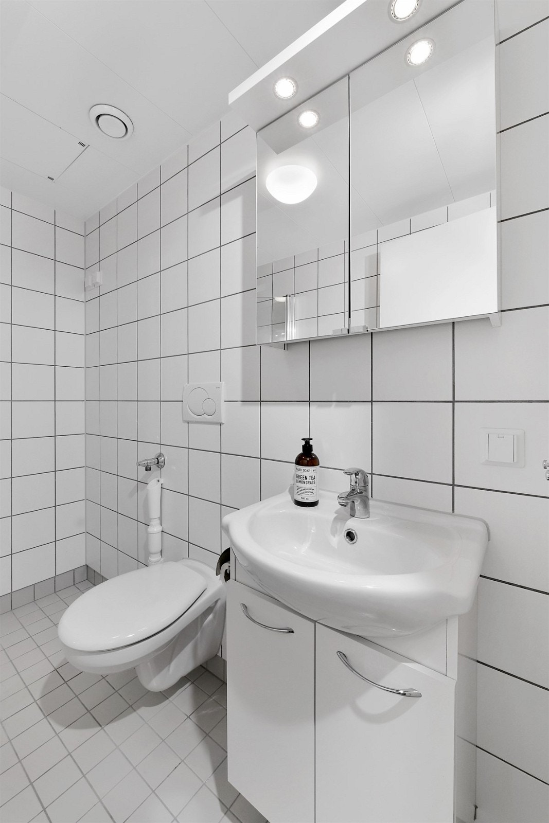 Videre er badet utstyrt med vegghengt toalett, dusjhjørne med glassdører og opplegg for vaskemaskin. Galleribilde