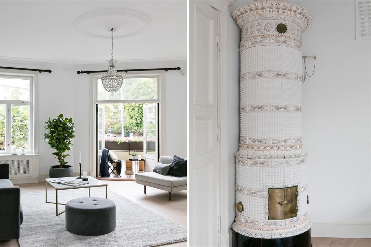 Hjørnestue med store vindusflater, svenskeovn og utgang balkong. Galleribilde