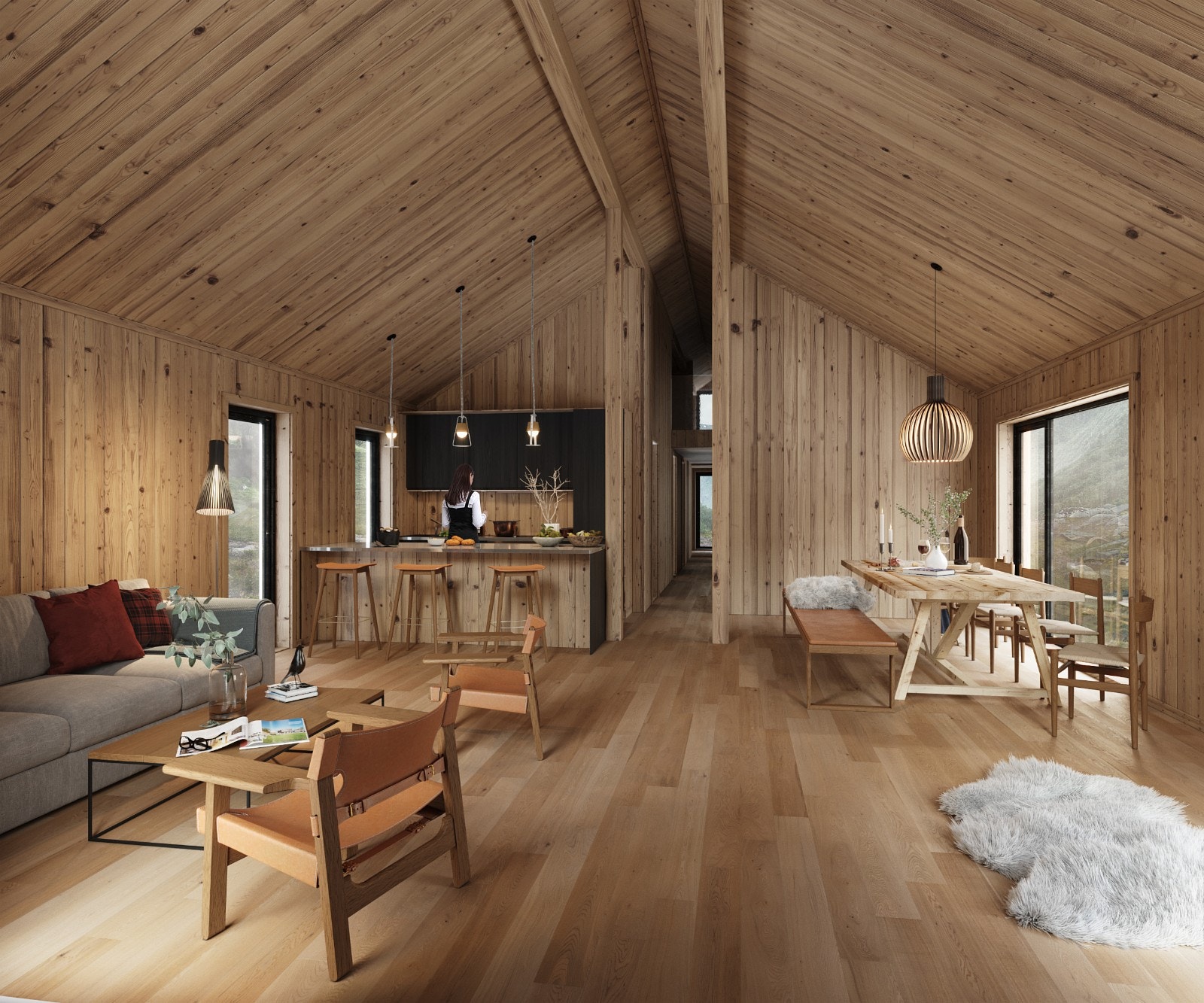 Hyttemodellen inneholder en spennende åpen løsning i stue og kjøkkendelen, med store vindusflater. Galleribilde