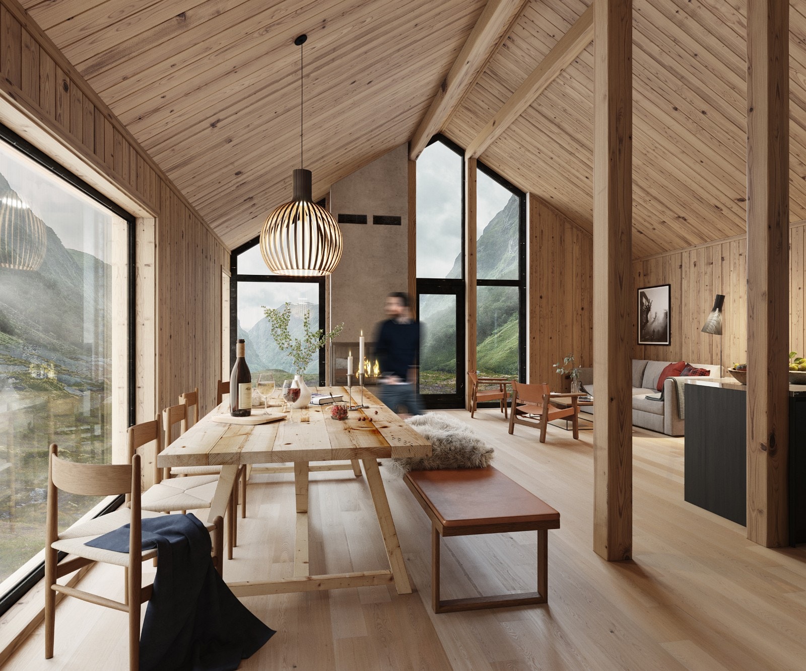 Spiseplassen er plassert ved kjøkkenet og med peisen i sentrum. Galleribilde