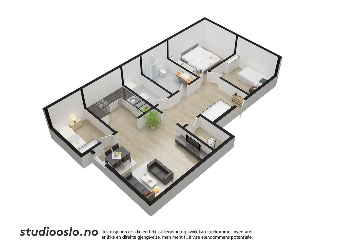 Planløsning 1. etg. med 3 soverom, kjøkken, bad, vaskerom, stue, bod og terrasse. Galleribilde