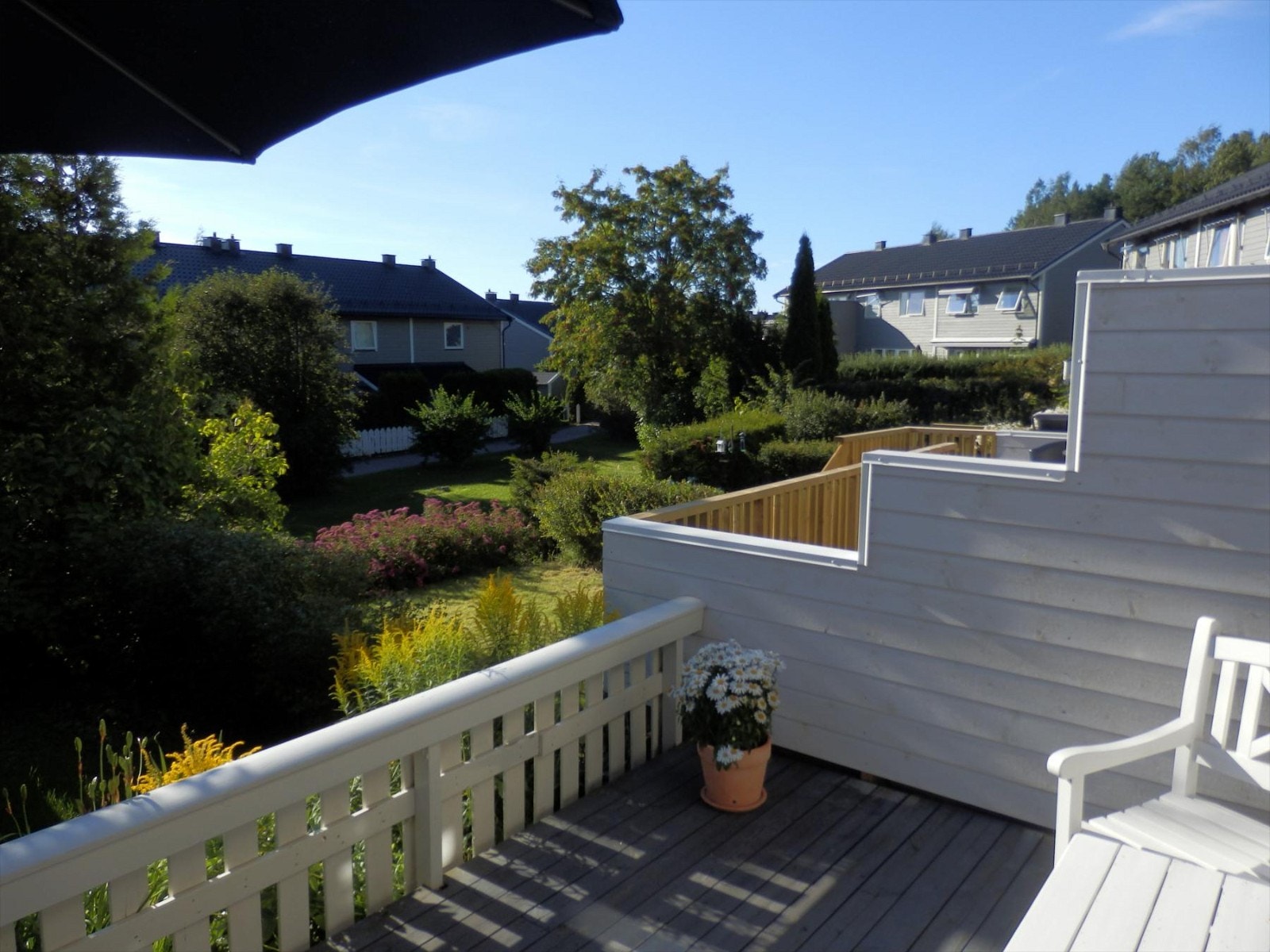 Sommerbilde av terrasse/hage. Borettslaget er pent opparbeidet med godt vedlikeholdte grøntarealer Galleribilde