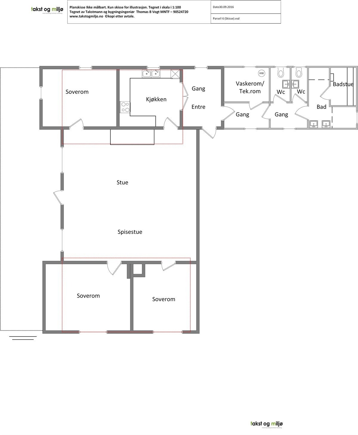 Plantegning (Hems med 4 soveplasser er skisset inn i rødt) Galleribilde