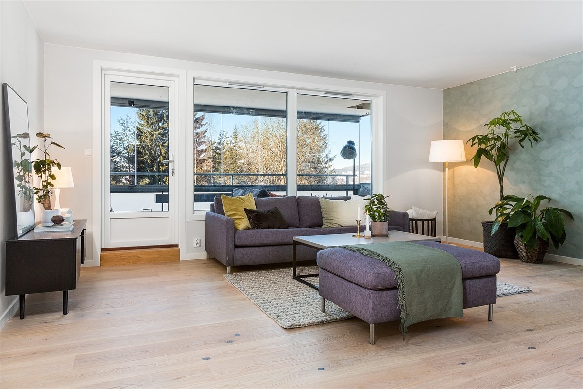 En kalkmalt vegg i en dus grønntone gir rommet ekstra karakter og stemning. Galleribilde