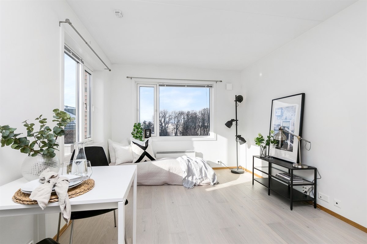 Lys og fin hybeldel med god plass til sofagruppe, seng og tv-møblement. Galleribilde