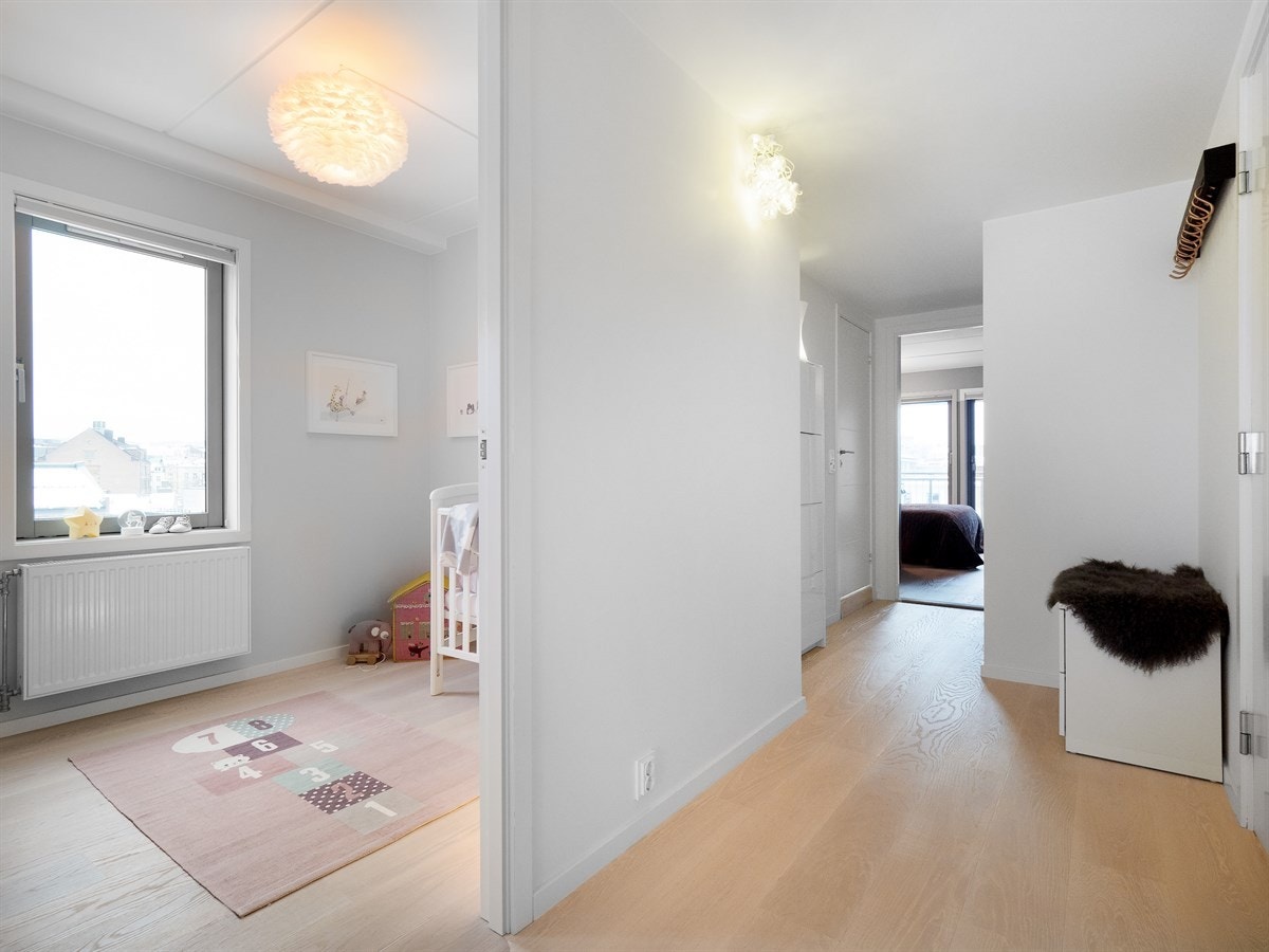Gangen er stor nok til å ønske gjester velkommen og har god plass til sko og ytterjakker. Galleribilde