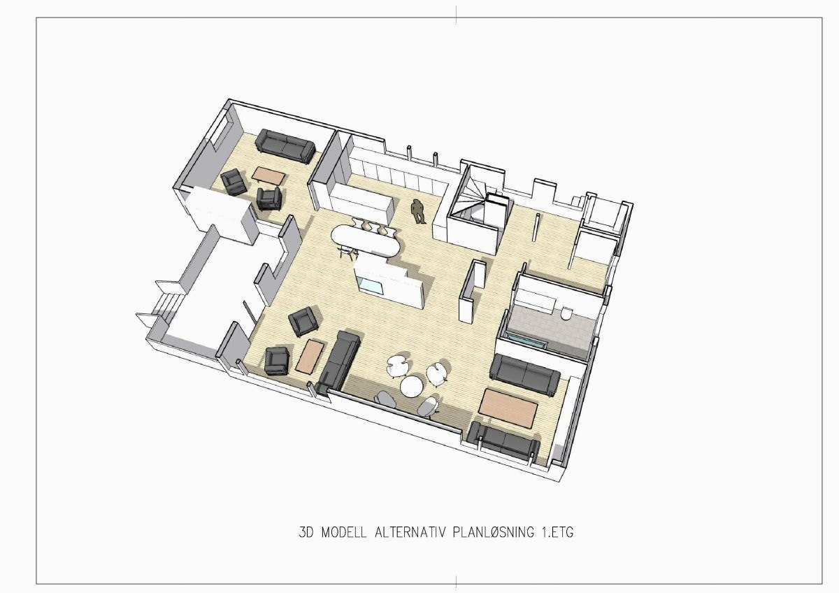 Alternativ planløsning 1.etg i 3d modell. Galleribilde