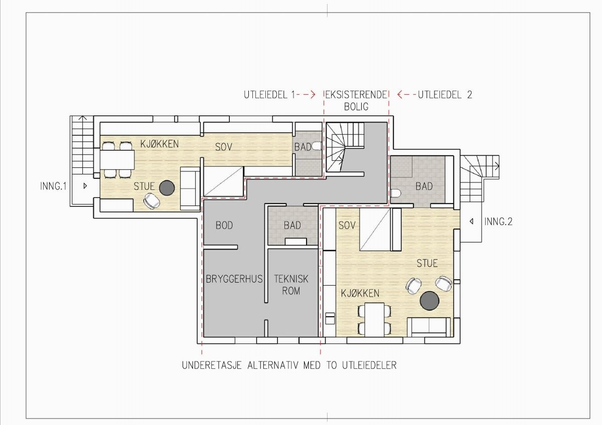 Alternativ planløsning underetasje med to deler. Eiendomsmegler og selger tar forbehold om at det lar seg byggelmelde av offentlige myndigheter. Galleribilde