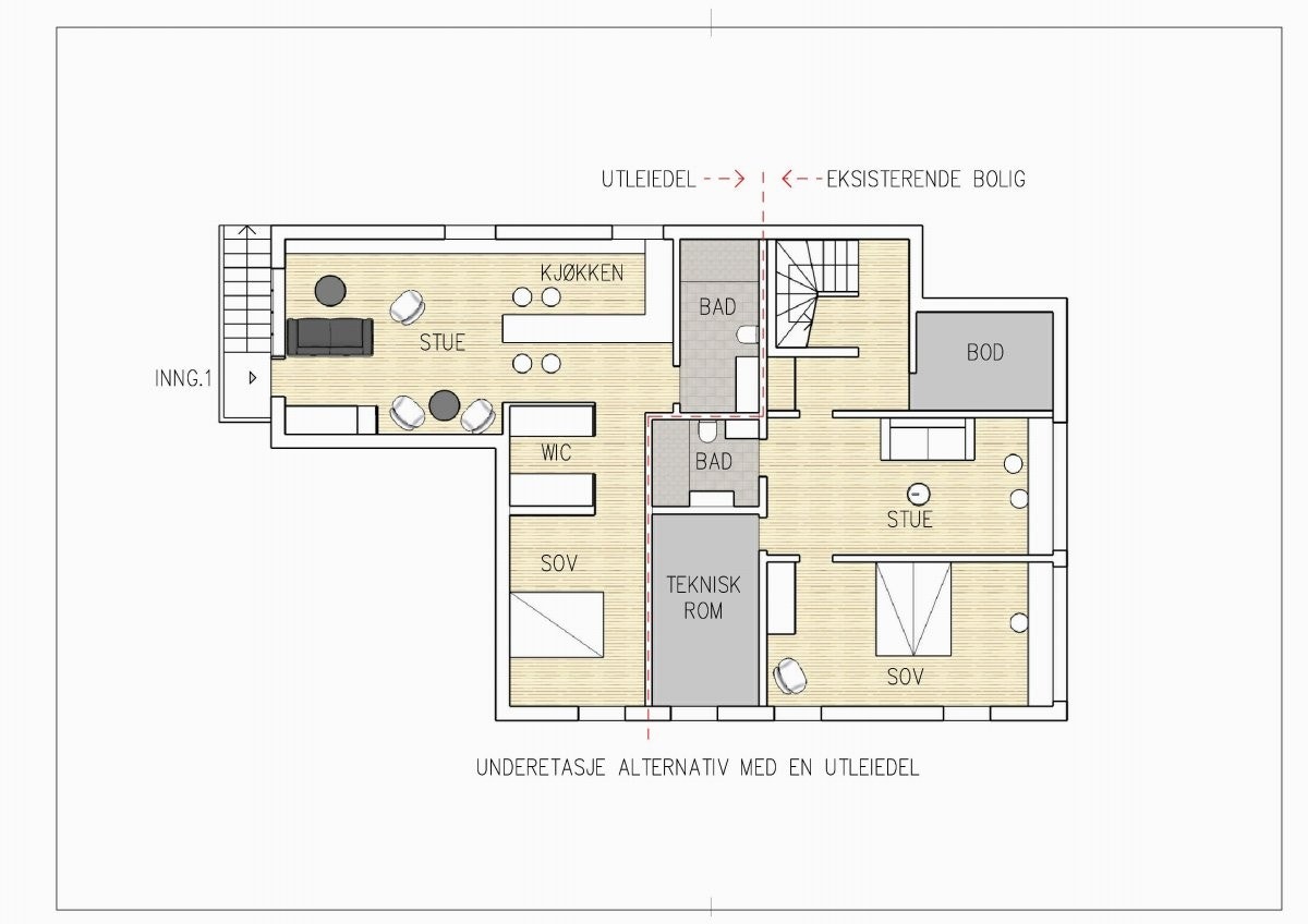Alternativ planløsning underetasje med én del.Eiendomsmegler og selger tar forbehold om at det lar seg byggelmelde av offentlige myndigheter. Galleribilde