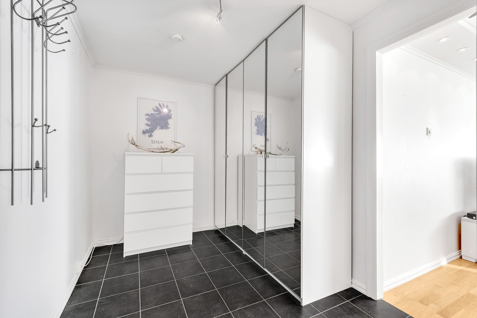 Romslig entré med garderobeskap med speilfronter Galleribilde