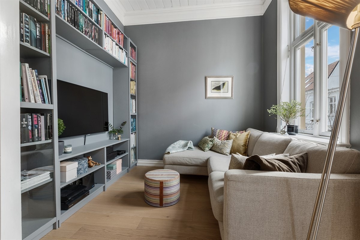 Koselig tv-stue og bibliotek med plassbygget bokhylle Galleribilde