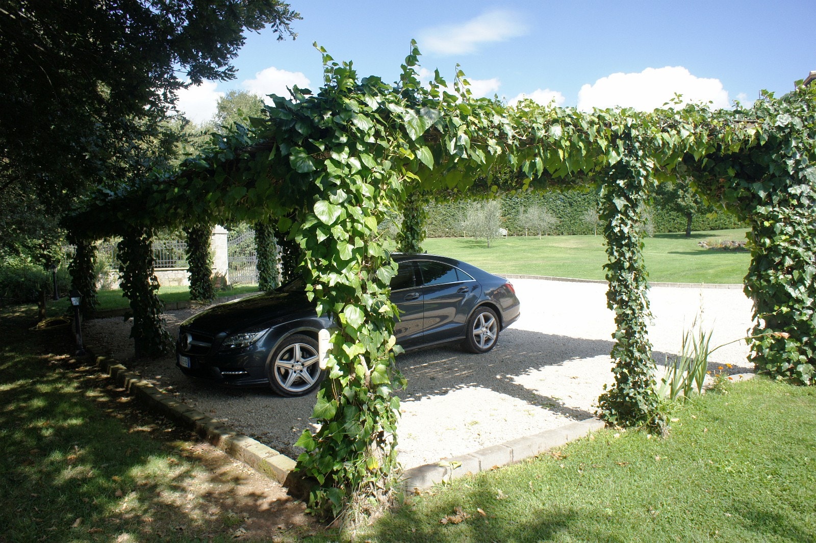 Carport for 4 biler. Dekket med eføy = skygge. Galleribilde