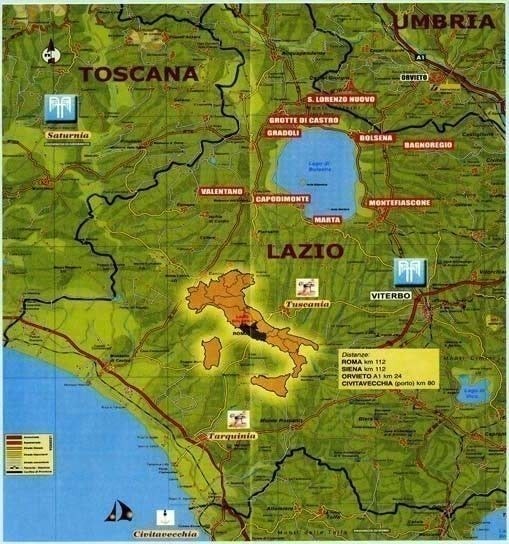 Kart, som viser den store vulkanske innsjøen, Lago De Bolsena. 15 min kjøring fra Villa Helena. Galleribilde