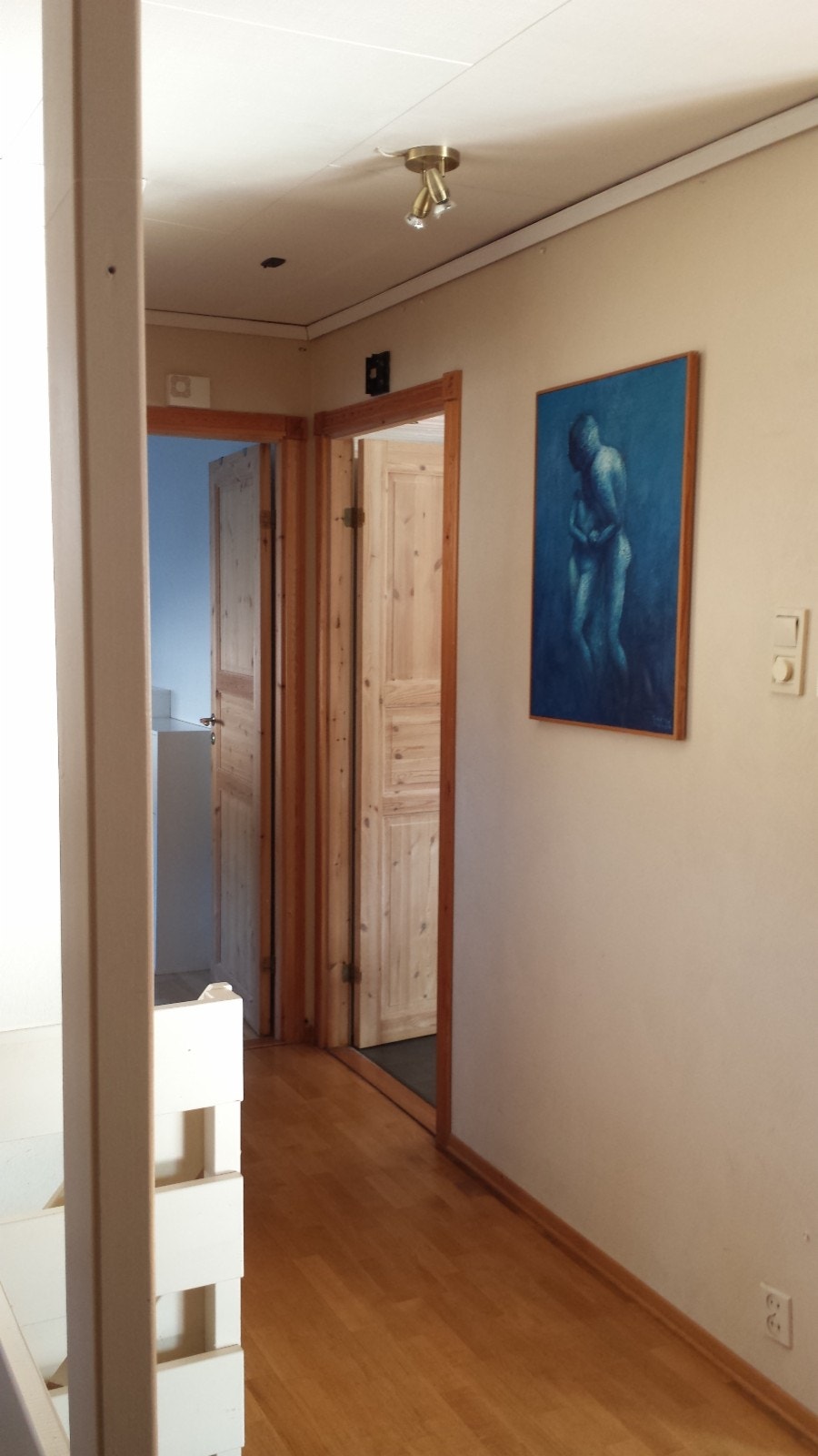 Ser fra bokhyller mot trapp, dør til soverom3 beint frem og dør til kjøkken til høyre. Galleribilde