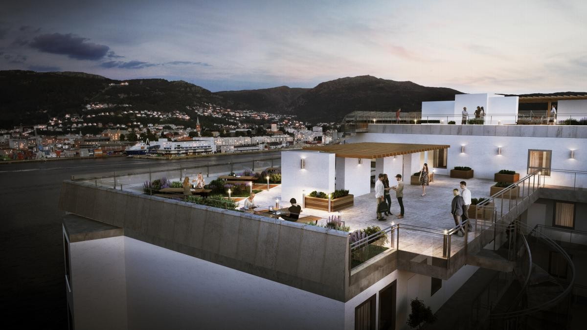 Takterrasse for alle beboerne med nydelig utsikt over Bergen by Galleribilde