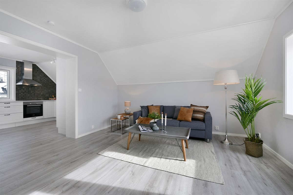 Boligen har en lys og koselig stue med plass for sofaløsning og tilhørende møblement. Galleribilde