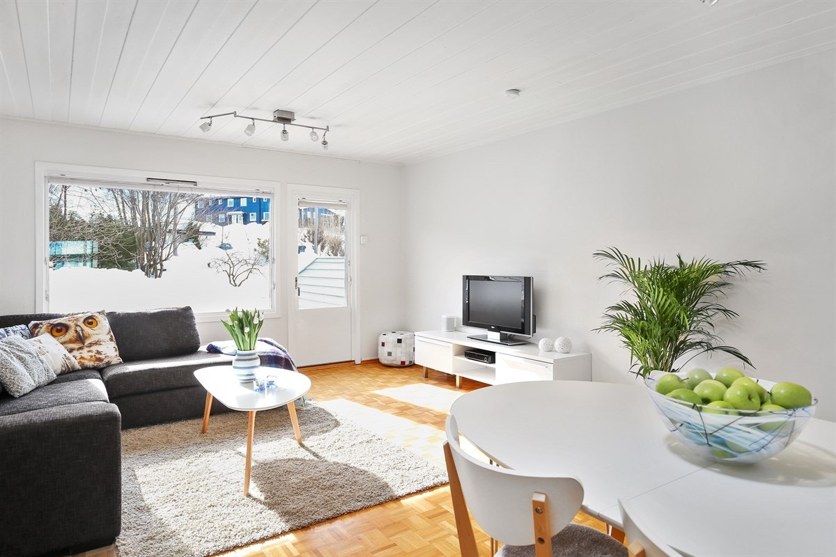 Stuen har store vindusflater som gir godt med naturlig lys Galleribilde