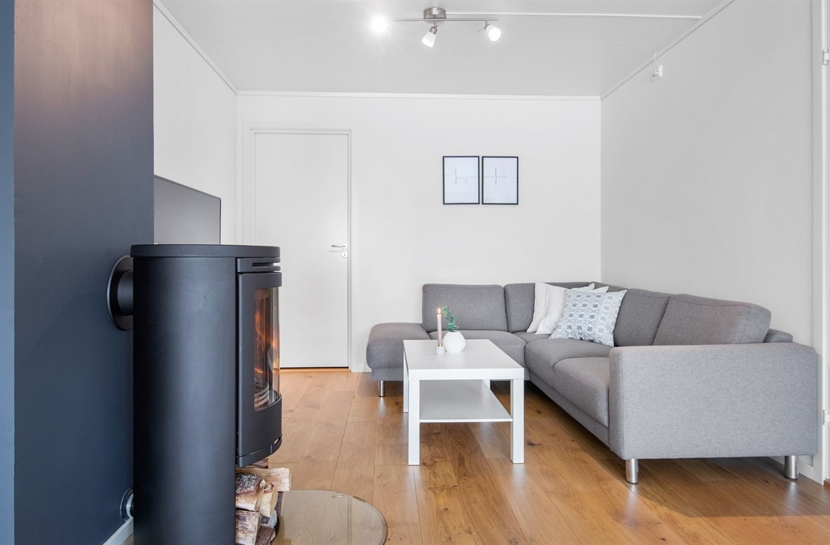 Vegg ved vedovn i behagelig Deco Blue gir flott kontrast til øvrige overflater. Dør ved siden av sofa til praktisk lagringsbod Galleribilde