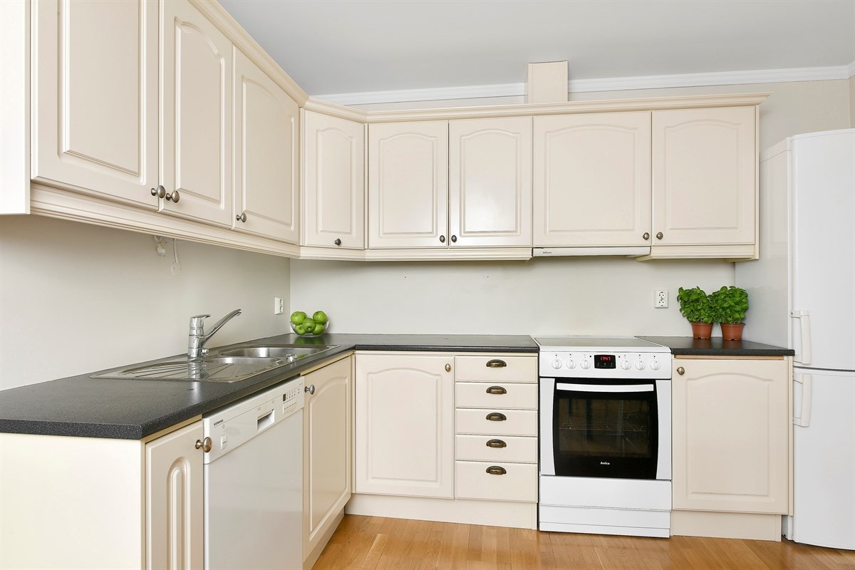 Videre er det ventilator over kokeplass, opplegg for oppvaskmaskin og nisje for kjøleskap. Galleribilde