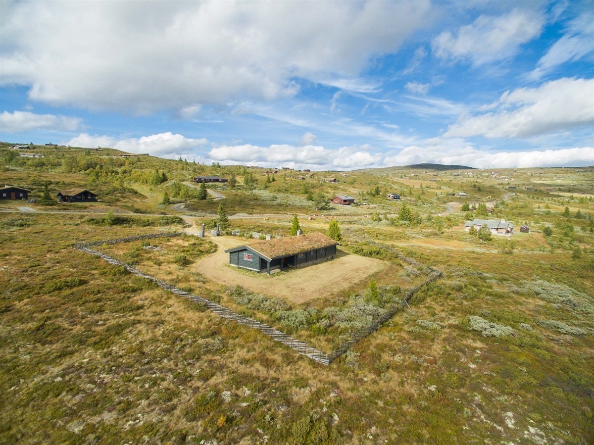 Hytta er en arkitekttegnet kopi av en gammel seterhytte. Her er det vegger i flott 7" håndlaftet tømmer og torv på taket. Galleribilde