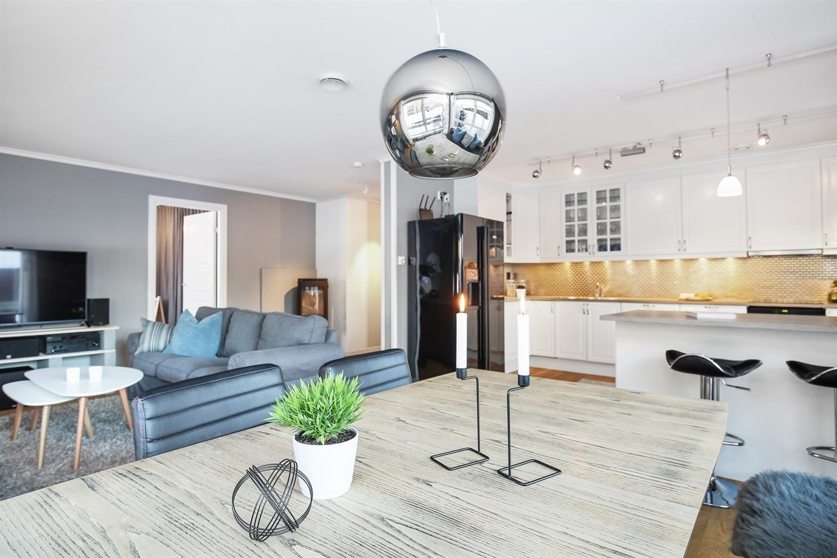 I stuen kan det enkelt skapes hyggelig stemning med fyr i peisovn, og som et supplement for oppvarming er det varmepumpe Galleribilde