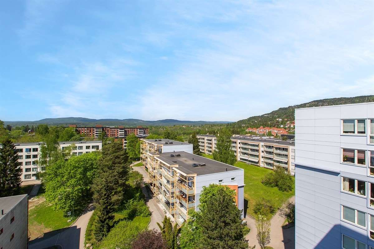 Utsikten strekker seg fra Voksenåsen i nord via toppene i Bærumsmarka i vest til de fjerne åsene i Vestmarka i sydvest. Galleribilde