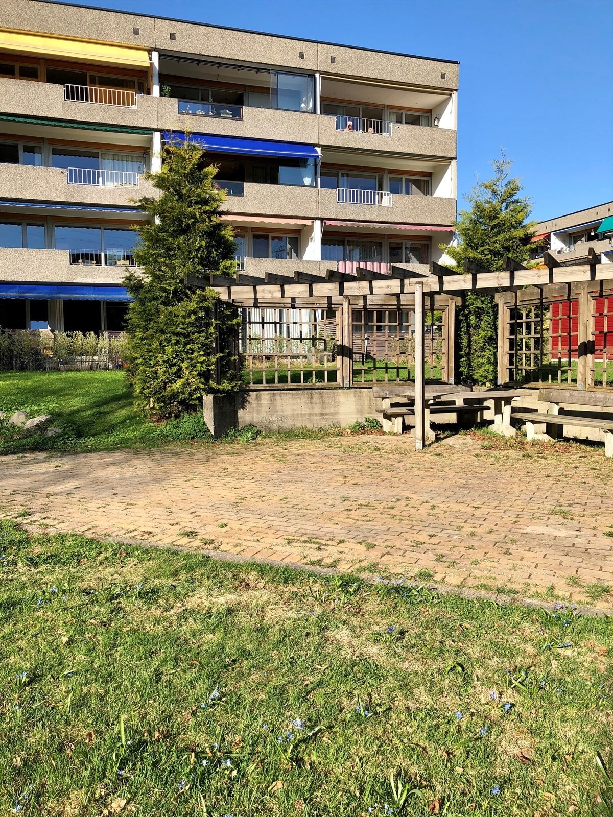 Borettslagets fellesarealer er pent opparbeidet med gressplen, beplantning og lekeapparater. Galleribilde