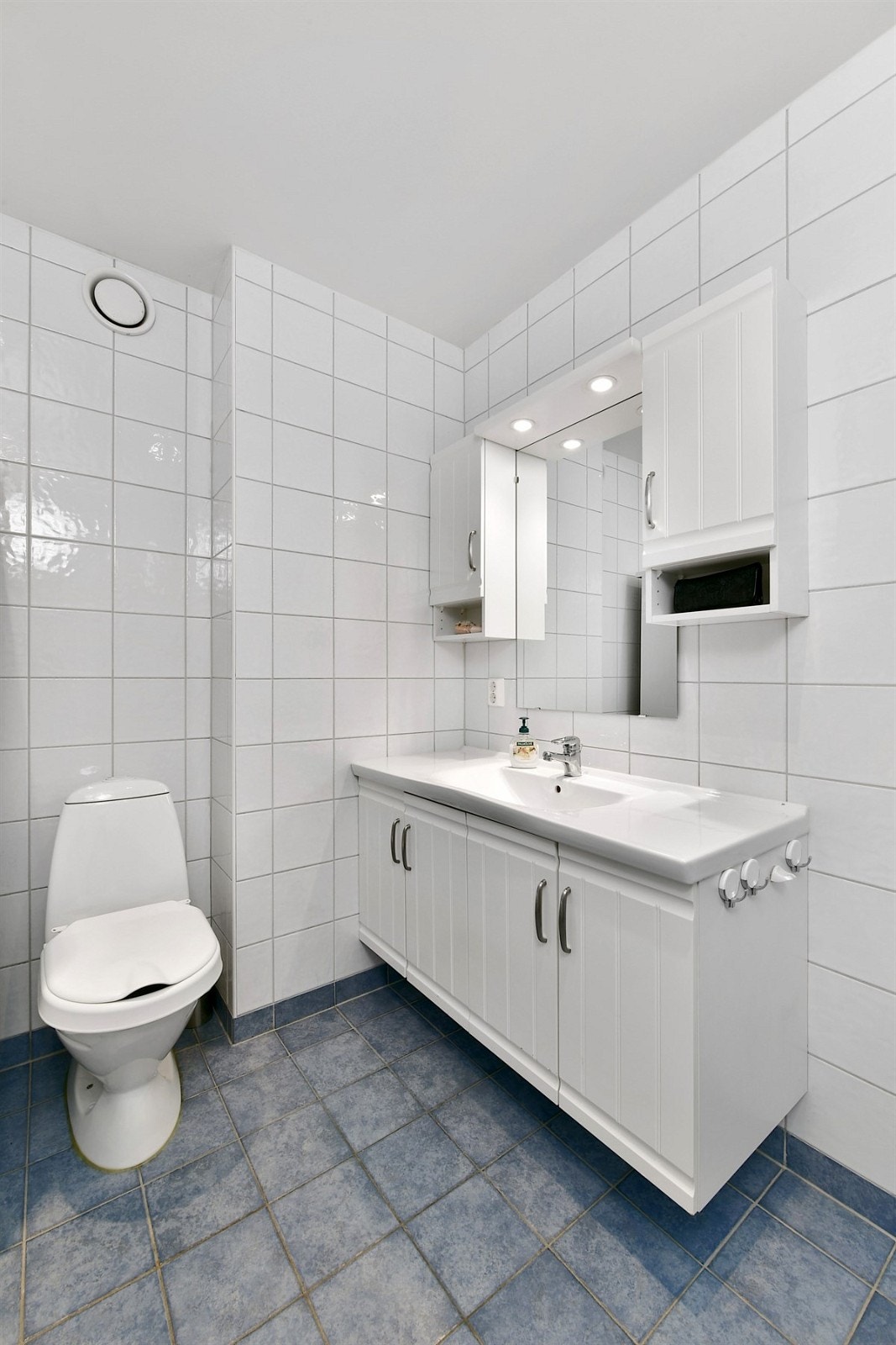 Servantinnredningen har underskap, matchende overskap og speil med belysning. Galleribilde