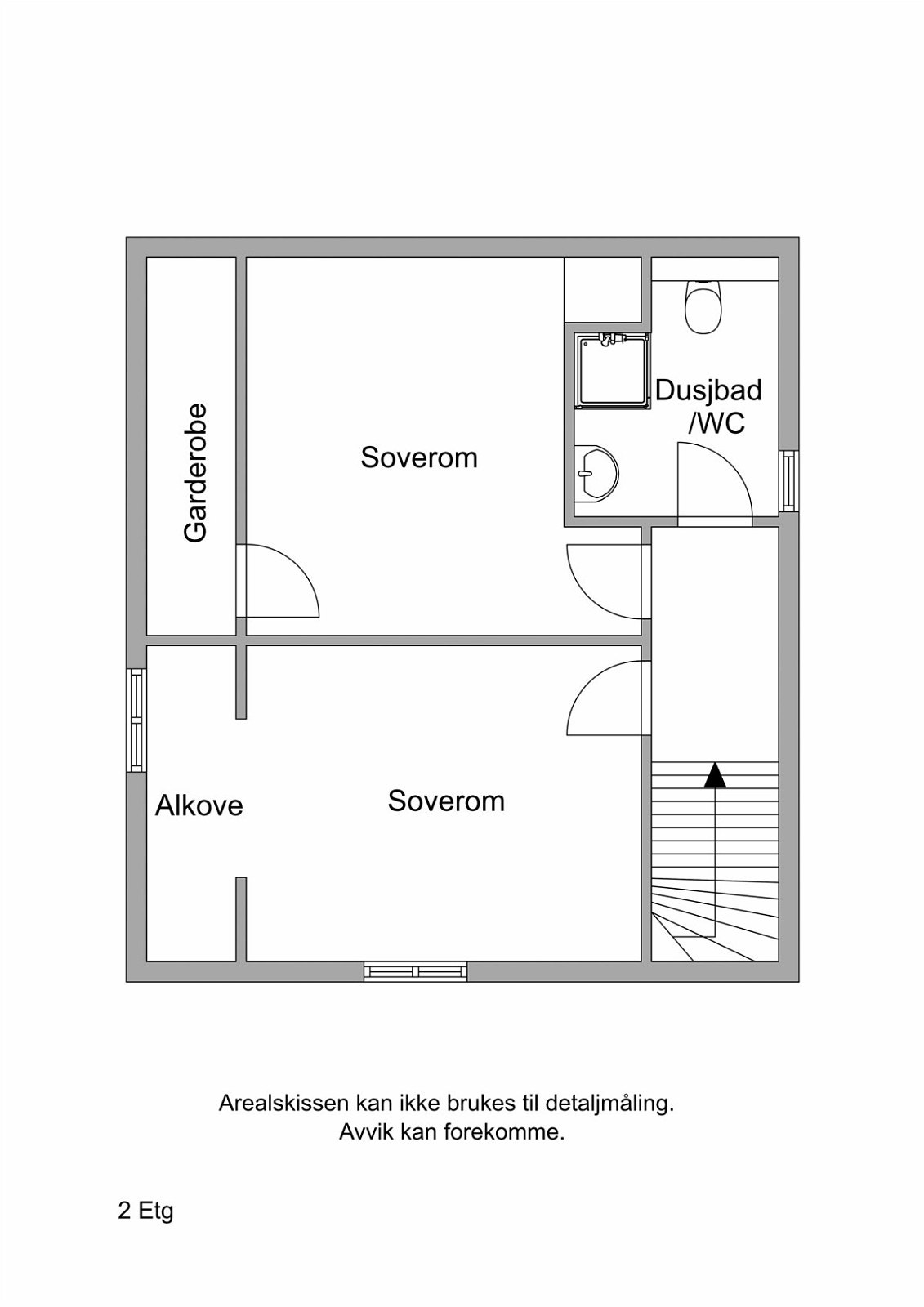 Plantegning 2 etg - Nytt dusjbad/ wc og 2 store soverom, ett med alkove og ett med stor garderobe/ bod Galleribilde