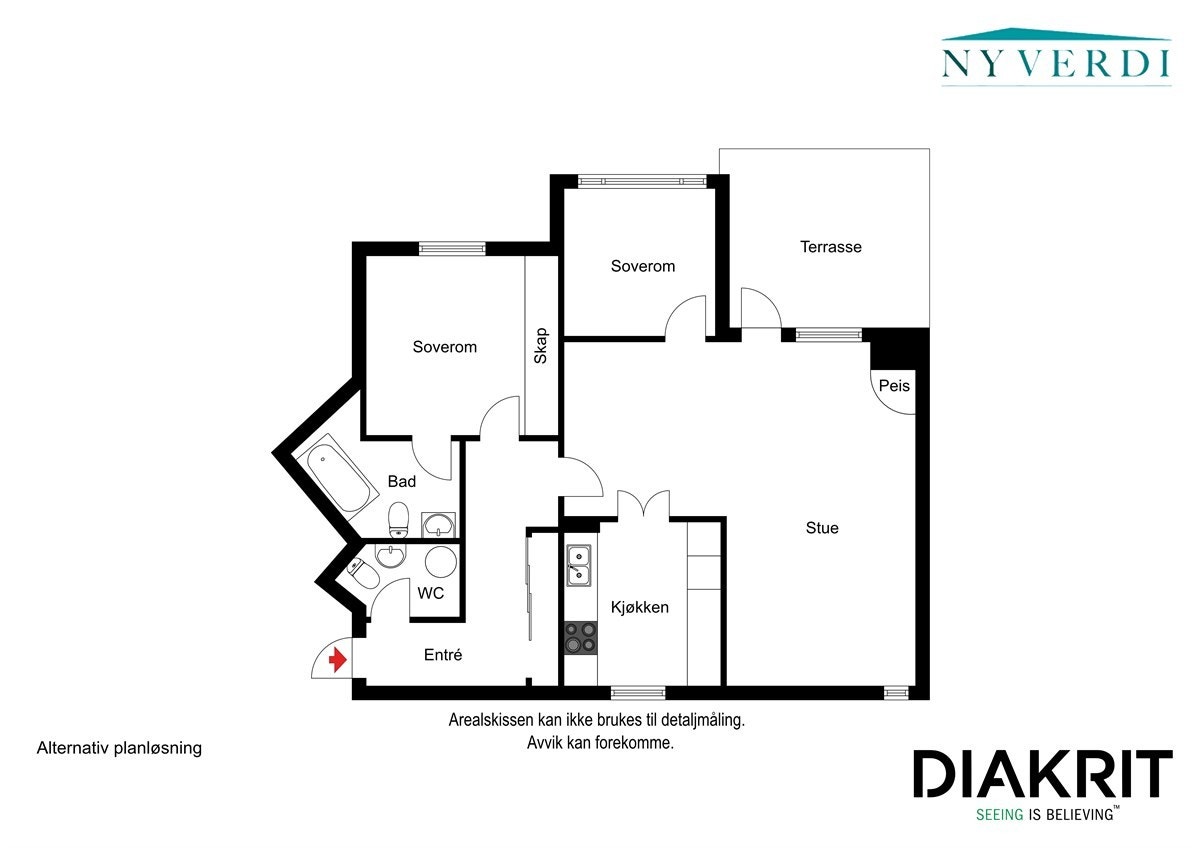 Alternativ planløsning med ett soverom til i stuen Galleribilde