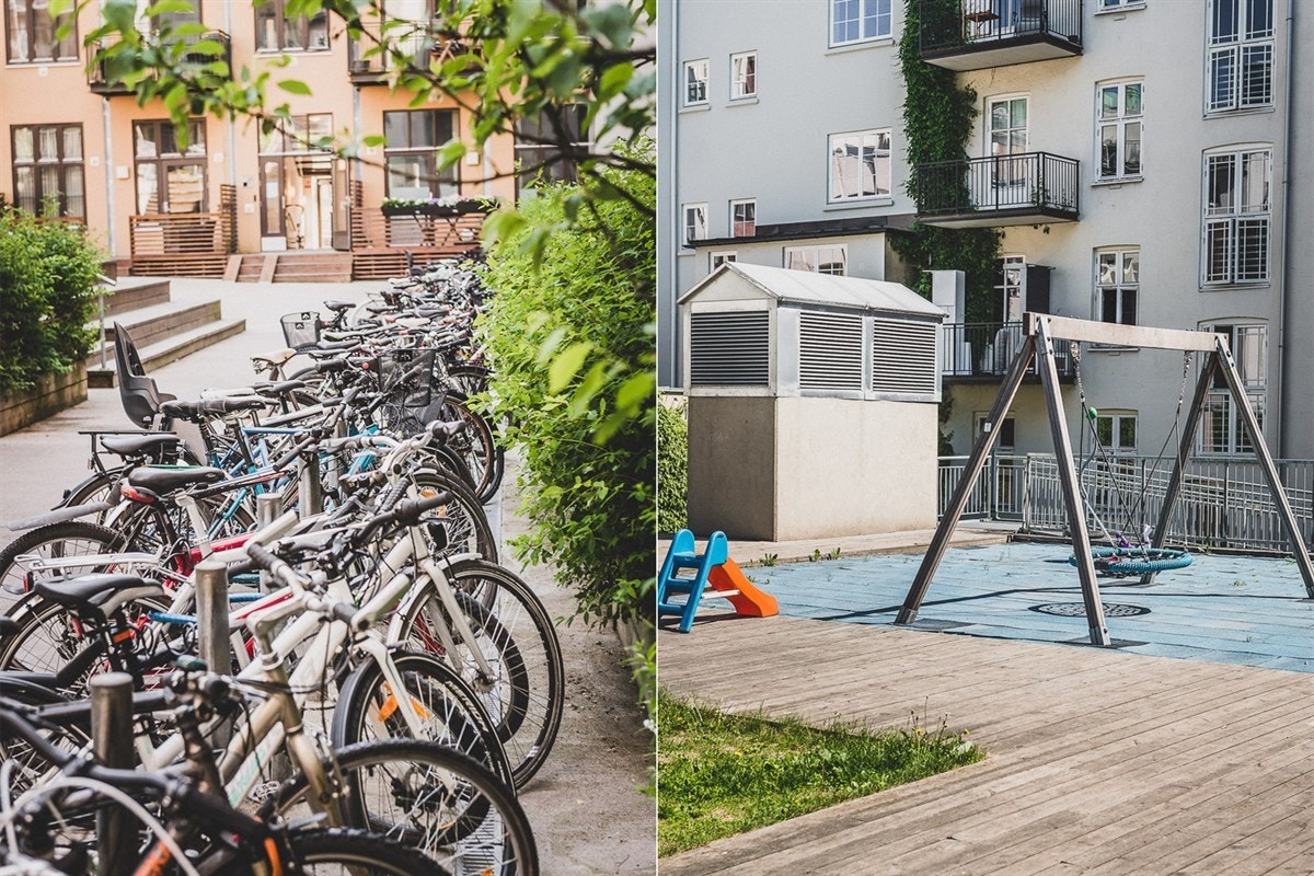 Gårdsrommet er pent opparbeidet med både gressplener, steinsatte arealer, sittegrupper og lekestativer samt sykkelparkering. Galleribilde