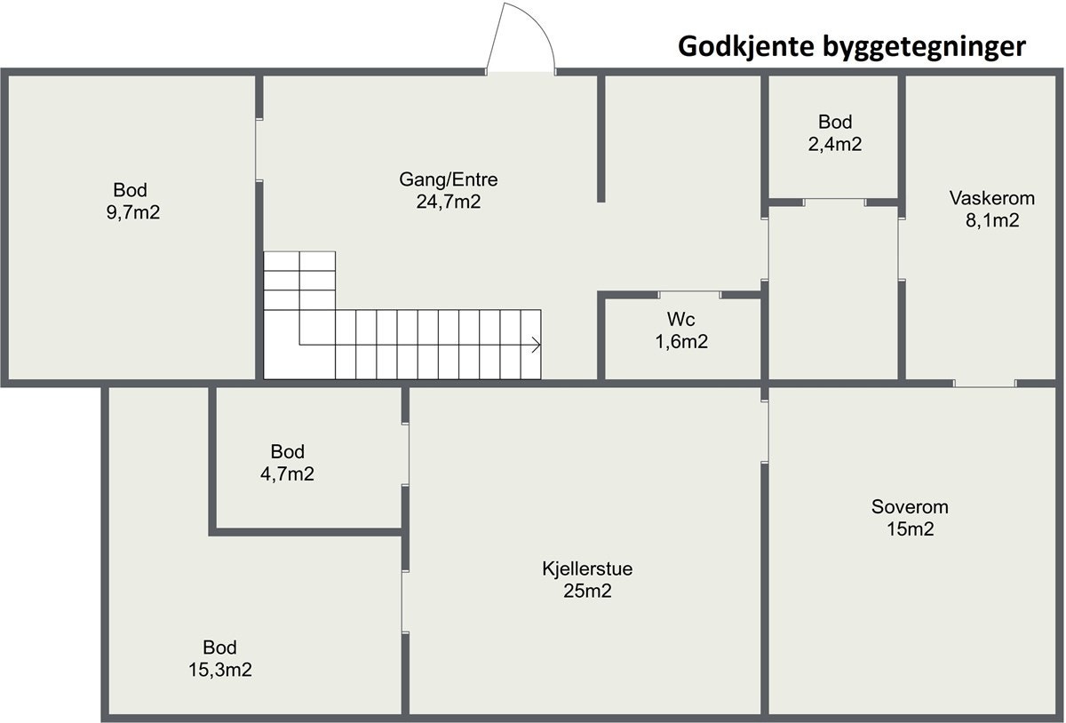 Plantegning underetasje som som 2 soverom eller 1 soverom samt kjellerstue. Galleribilde