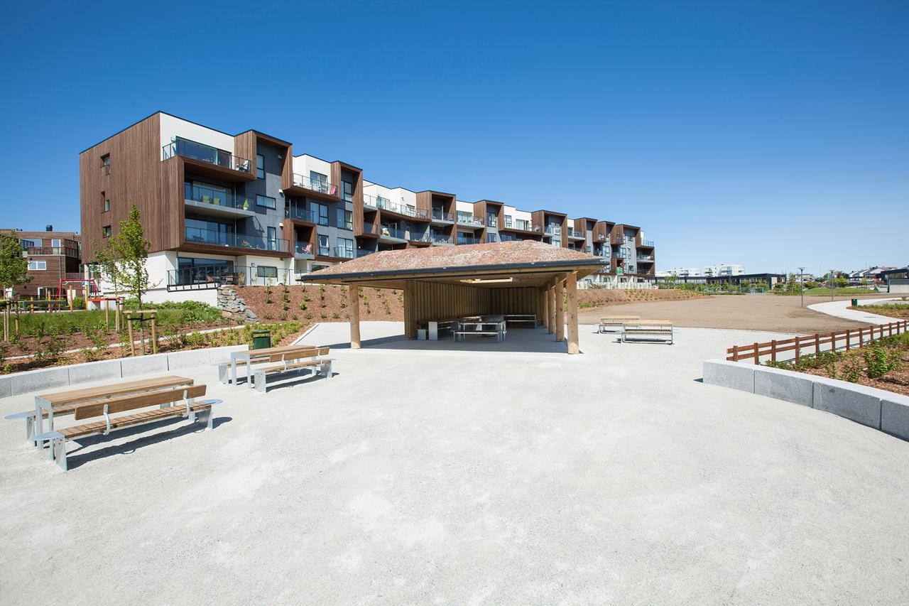 Boligområdet er utformet med fokus på barnevennlighet og trivsel med flotte grøntområder og lekeplasser Galleribilde